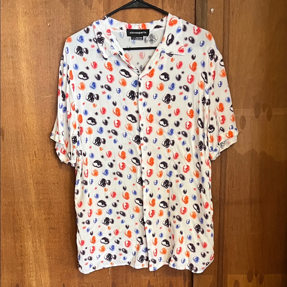elevenparis White and Multicolored Skull Casual Button Down Shirt